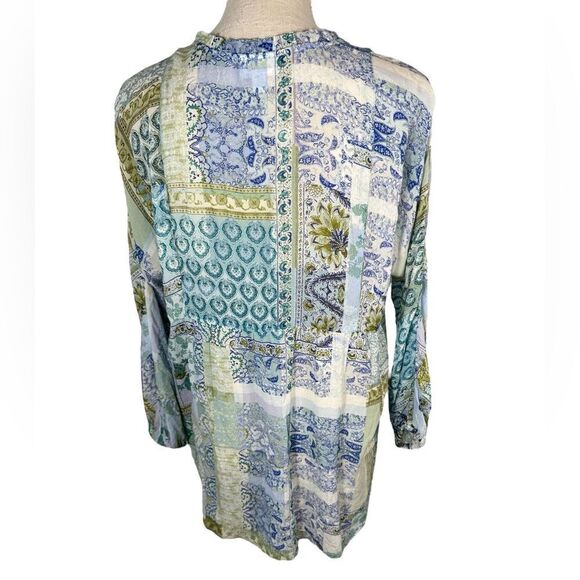 J. Jill Blue & Green Patchwork Print Split Neck 3/4 Sleeve Boho Tunic Top - Picture 4 of 6